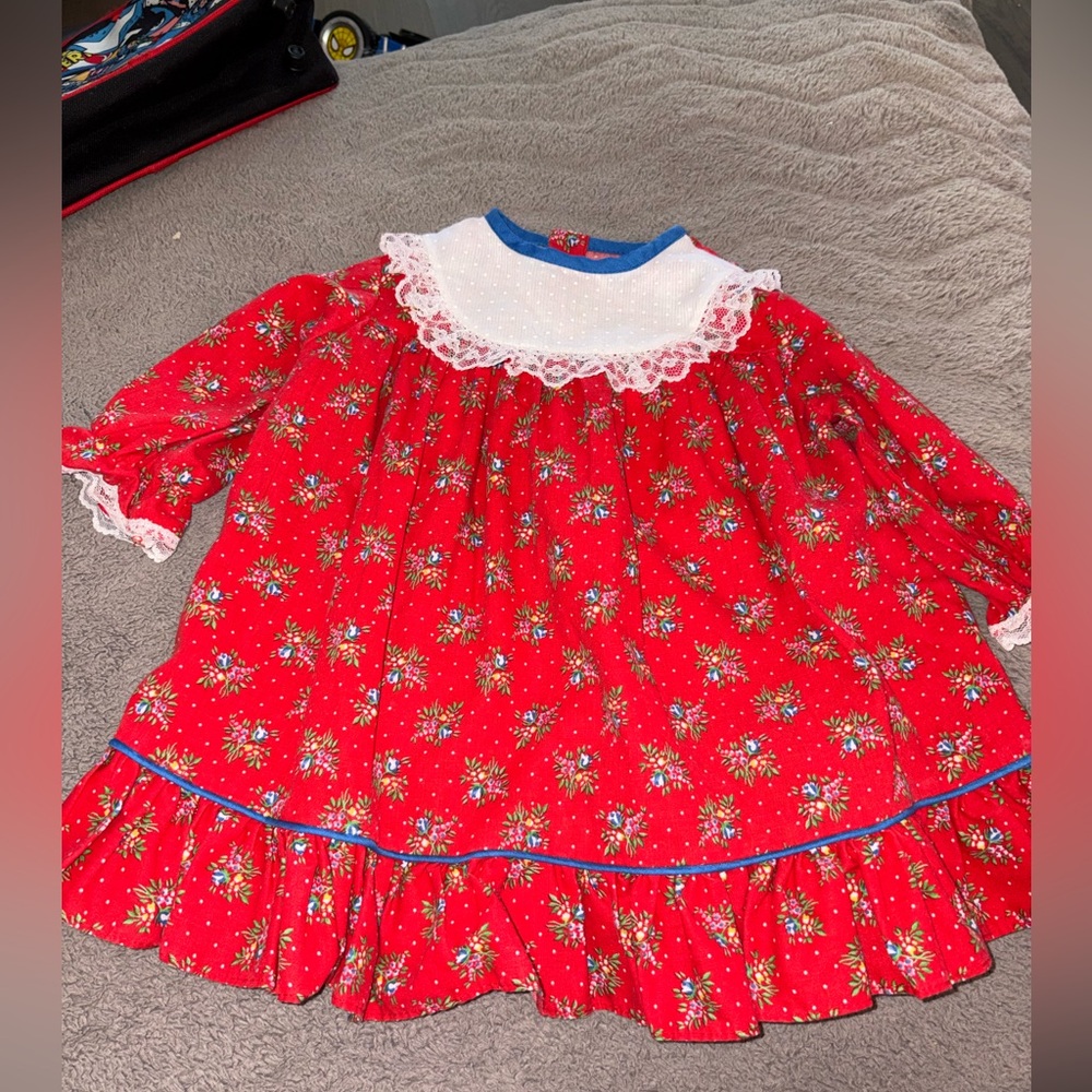 Vintage JCPenney Red Floral Toddler Dress with Blue Trim Binding